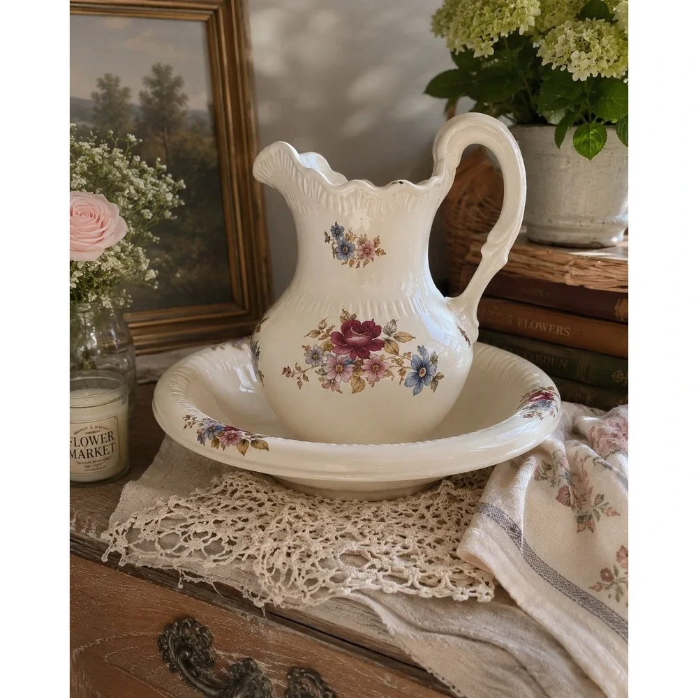 Vintage Floral Ceramic Pitcher and Wash Basin Set Cream Blue Burgundy Victorian